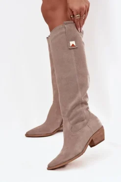 Zazoo Skórzane Zamszowe Kozaki Kowbojki Ocieplane 4224 Cappuccino Beżowy