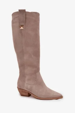 Zazoo Skórzane Zamszowe Kozaki Kowbojki Ocieplane 4224 Cappuccino Beżowy