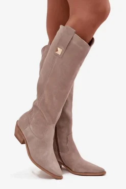 Zazoo Skórzane Zamszowe Kozaki Kowbojki Ocieplane 4224 Cappuccino Beżowy