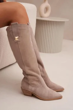 Zazoo Skórzane Zamszowe Kozaki Kowbojki Ocieplane 4224 Cappuccino Beżowy