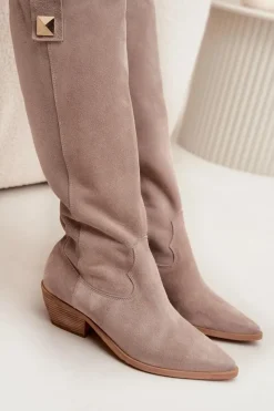 Zazoo Skórzane Zamszowe Kozaki Kowbojki Ocieplane 4224 Cappuccino Beżowy