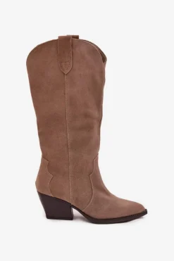 Online Boto Skórzane Zamszowe Kozaki Kowbojki Damskie Ocieplane Khaki Urselle Beżowy