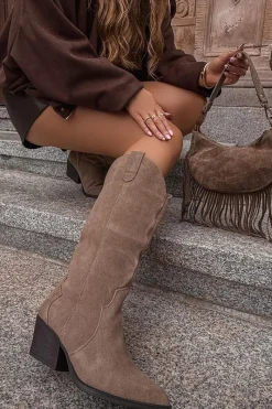 Online Boto Skórzane Zamszowe Kozaki Kowbojki Damskie Ocieplane Khaki Urselle Beżowy