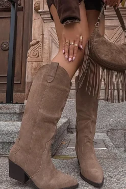 Online Boto Skórzane Zamszowe Kozaki Kowbojki Damskie Ocieplane Khaki Urselle Beżowy