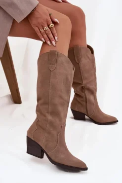 Online Boto Skórzane Zamszowe Kozaki Kowbojki Damskie Ocieplane Khaki Urselle Beżowy