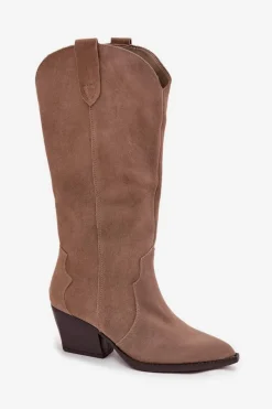 Online Boto Skórzane Zamszowe Kozaki Kowbojki Damskie Ocieplane Khaki Urselle Beżowy