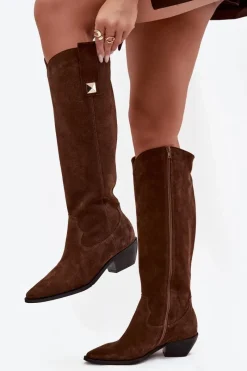 Outlet Skórzane Zamszowe Kozaki Kowbojki Ocieplane 4224 Czekoladowe Damskie Kozaki Ocieplane|Kozaki Wiosenne