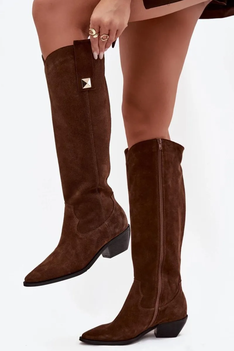 Outlet Skórzane Zamszowe Kozaki Kowbojki Ocieplane 4224 Czekoladowe Damskie Kozaki Ocieplane|Kozaki Wiosenne