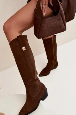 Outlet Skórzane Zamszowe Kozaki Kowbojki Ocieplane 4224 Czekoladowe Damskie Kozaki Ocieplane|Kozaki Wiosenne