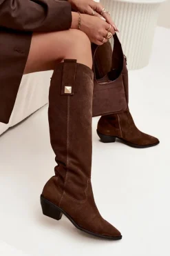 Outlet Skórzane Zamszowe Kozaki Kowbojki Ocieplane 4224 Czekoladowe Damskie Kozaki Ocieplane|Kozaki Wiosenne