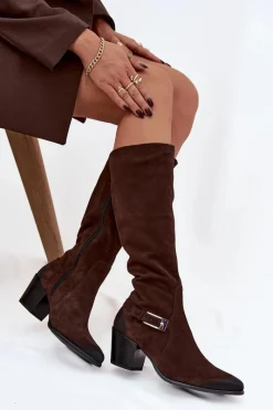 Outlet Skórzane Zamszowe Kozaki Na Obcasie Z Klamrą Ocieplane 70156 Czekoladowe Damskie Kozaki Ocieplane|Kozaki Przed Kolano
