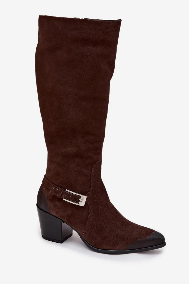 Outlet Skórzane Zamszowe Kozaki Na Obcasie Z Klamrą Ocieplane 70156 Czekoladowe Damskie Kozaki Ocieplane|Kozaki Przed Kolano