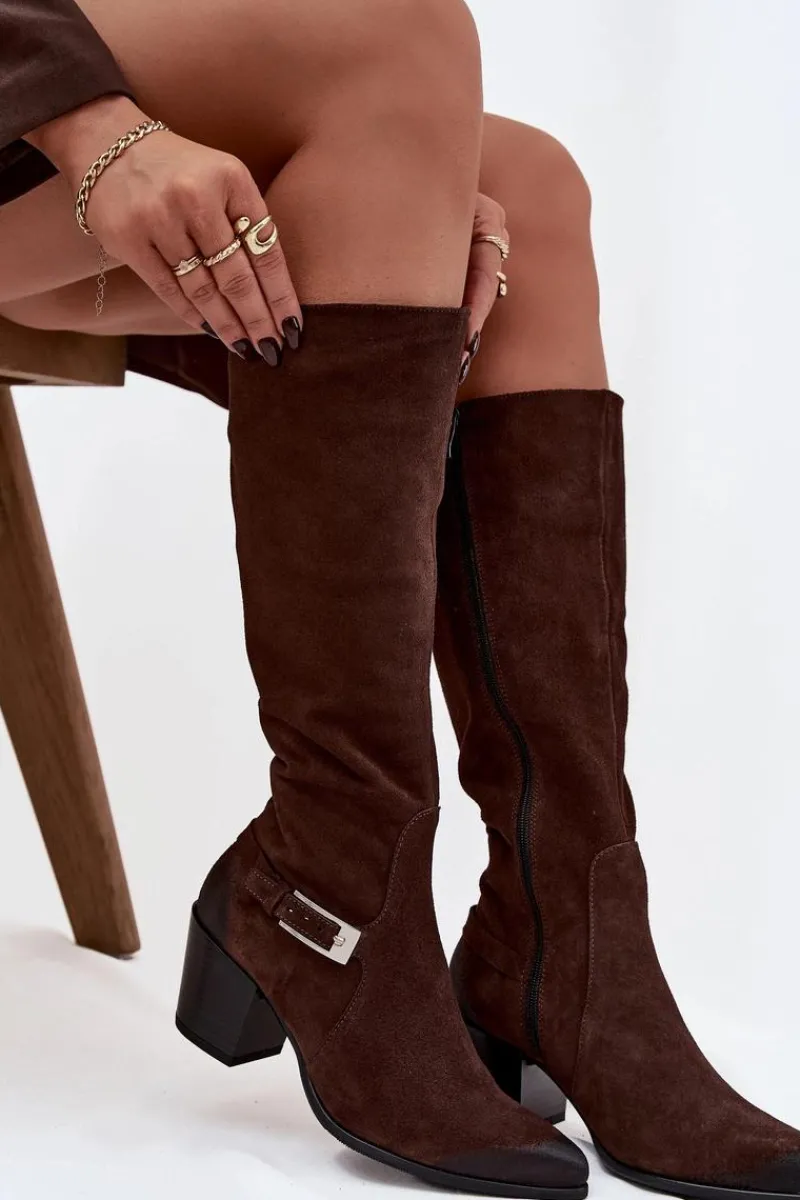 Outlet Skórzane Zamszowe Kozaki Na Obcasie Z Klamrą Ocieplane 70156 Czekoladowe Damskie Kozaki Ocieplane|Kozaki Przed Kolano