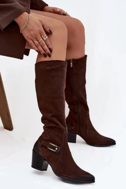 Outlet Skórzane Zamszowe Kozaki Na Obcasie Z Klamrą Ocieplane 70156 Czekoladowe Damskie Kozaki Ocieplane|Kozaki Przed Kolano