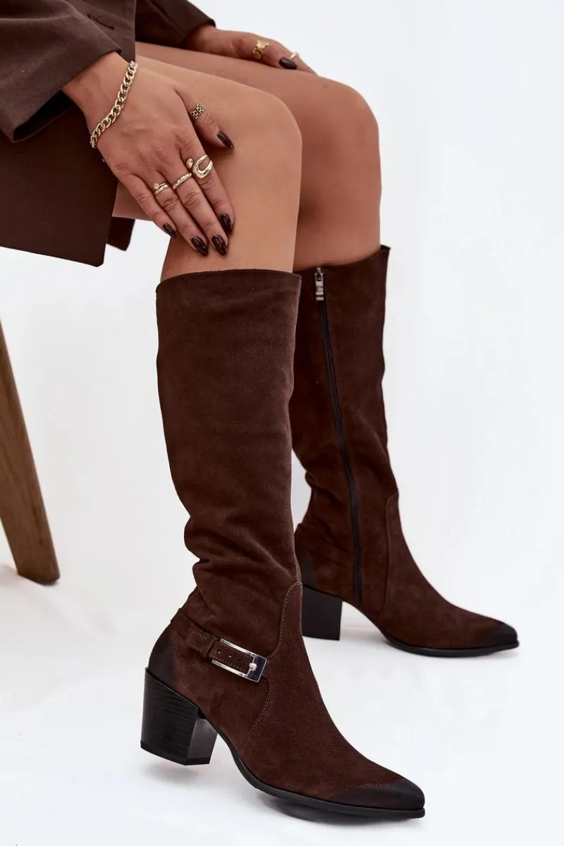 Outlet Skórzane Zamszowe Kozaki Na Obcasie Z Klamrą Ocieplane 70156 Czekoladowe Damskie Kozaki Ocieplane|Kozaki Przed Kolano