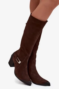 Outlet Skórzane Zamszowe Kozaki Na Obcasie Z Klamrą Ocieplane 70156 Czekoladowe Damskie Kozaki Ocieplane|Kozaki Przed Kolano