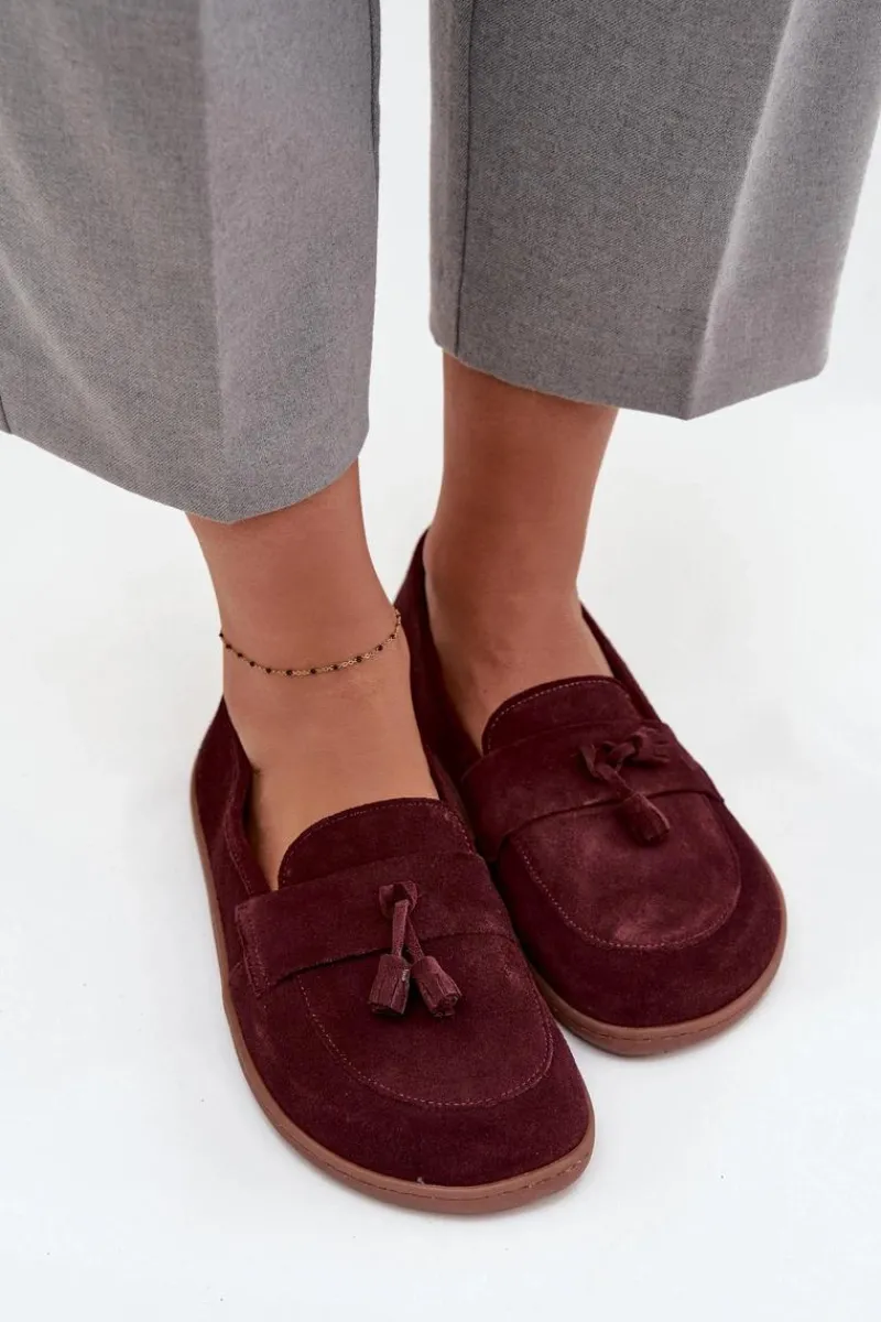 Outlet Zazoo Skórzane Zamszowe Mokasyny Typu Barefoot 322 Bordowe Czerwony