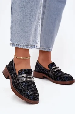 Sale D&A Skórzane Zamszowe Mokasyny Damskie Z Ozdobnym Detalem MR52-178 Czarne