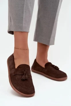 Skórzane Zamszowe Mokasyny Typu Barefoot 322 Czekoladowe Damskie Mokasyny Damskie Zamszowe|Barefoot