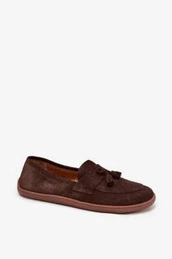 Skórzane Zamszowe Mokasyny Typu Barefoot 322 Czekoladowe Damskie Mokasyny Damskie Zamszowe|Barefoot