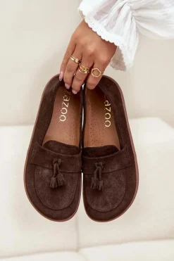 Skórzane Zamszowe Mokasyny Typu Barefoot 322 Czekoladowe Damskie Mokasyny Damskie Zamszowe|Barefoot