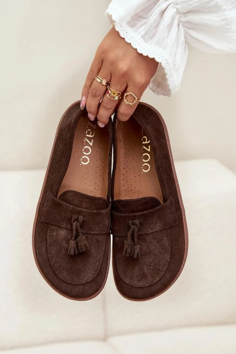 Skórzane Zamszowe Mokasyny Typu Barefoot 322 Czekoladowe Damskie Mokasyny Damskie Zamszowe|Barefoot