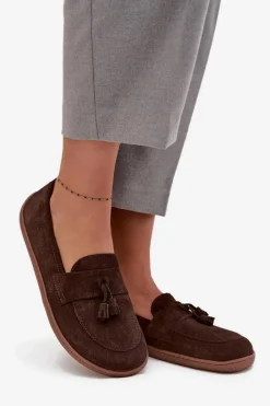 Skórzane Zamszowe Mokasyny Typu Barefoot 322 Czekoladowe Damskie Mokasyny Damskie Zamszowe|Barefoot