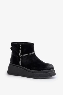 Hot Skórzane Zamszowe Śniegowce Botki Na Platformie I Koturnie 06769-01 Czarne Damskie Śniegowce Damskie