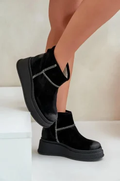 Hot Skórzane Zamszowe Śniegowce Botki Na Platformie I Koturnie 06769-01 Czarne Damskie Śniegowce Damskie