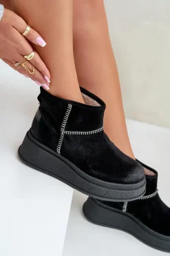 Hot Skórzane Zamszowe Śniegowce Botki Na Platformie I Koturnie 06769-01 Czarne Damskie Śniegowce Damskie