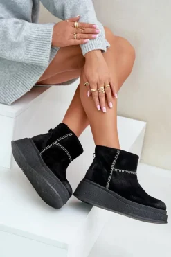 Hot Skórzane Zamszowe Śniegowce Botki Na Platformie I Koturnie 06769-01 Czarne Damskie Śniegowce Damskie