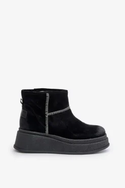 Hot Skórzane Zamszowe Śniegowce Botki Na Platformie I Koturnie 06769-01 Czarne Damskie Śniegowce Damskie