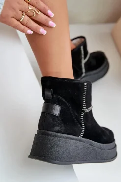 Hot Skórzane Zamszowe Śniegowce Botki Na Platformie I Koturnie 06769-01 Czarne Damskie Śniegowce Damskie