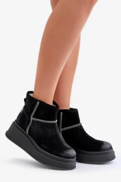 Hot Skórzane Zamszowe Śniegowce Botki Na Platformie I Koturnie 06769-01 Czarne Damskie Śniegowce Damskie