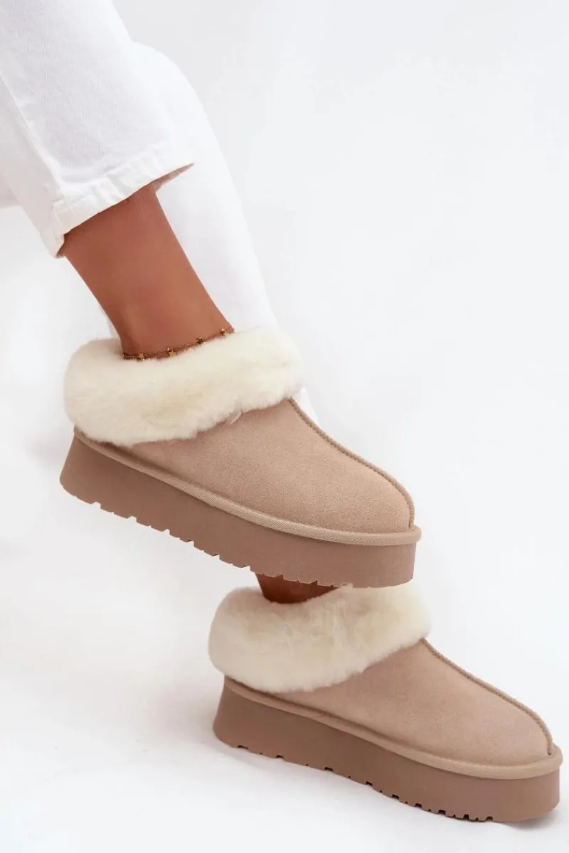 Best Boto Skórzane Zamszowe Śniegowce Damskie Z Futerkiem Beżowe Mivelle Beżowy