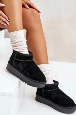 Sale Boto Skórzane Zamszowe Śniegowce Na Platformie Czarne Nereviana Czarny
