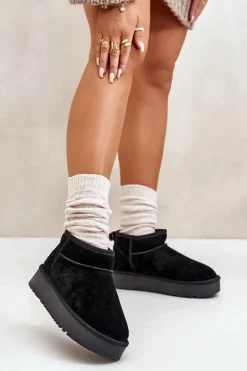 Sale Boto Skórzane Zamszowe Śniegowce Na Platformie Czarne Nereviana Czarny