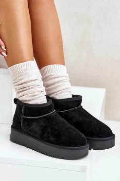 Sale Boto Skórzane Zamszowe Śniegowce Na Platformie Czarne Nereviana Czarny