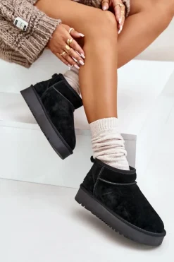 Sale Boto Skórzane Zamszowe Śniegowce Na Platformie Czarne Nereviana Czarny