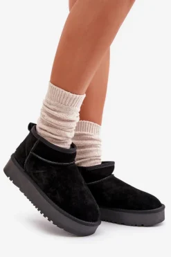 Sale Boto Skórzane Zamszowe Śniegowce Na Platformie Czarne Nereviana Czarny