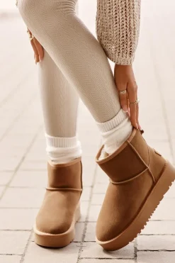 Clearance Skórzane Zamszowe Śniegowce Na Platformie Za Kostkę Camel Rianaella Damskie Śniegowce Damskie