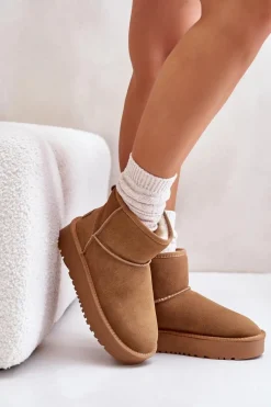 Clearance Skórzane Zamszowe Śniegowce Na Platformie Za Kostkę Camel Rianaella Damskie Śniegowce Damskie