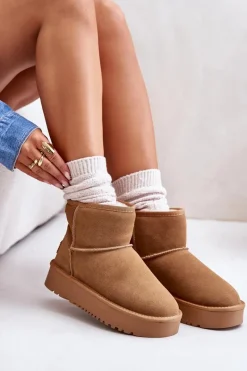 Clearance Skórzane Zamszowe Śniegowce Na Platformie Za Kostkę Camel Rianaella Damskie Śniegowce Damskie