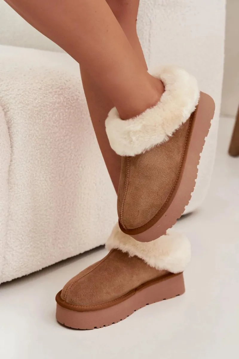 Outlet Skórzane Zamszowe Śniegowce Damskie Z Futerkiem Camel Mivelle Damskie Śniegowce Damskie