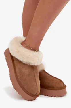 Outlet Skórzane Zamszowe Śniegowce Damskie Z Futerkiem Camel Mivelle Damskie Śniegowce Damskie