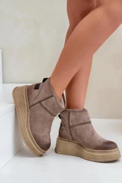 Śniegowce Damskie>Maciejka Skórzane Zamszowe Śniegowce Botki Na Platformie I Koturnie 06769-02 Ciemnobrązowe Brązowy