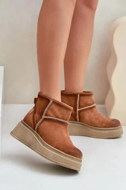 Outlet Skórzane Zamszowe Śniegowce Botki Na Platformie I Koturnie 06769-29 Brązowe Damskie Śniegowce Damskie