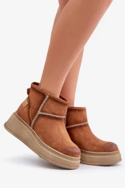Outlet Skórzane Zamszowe Śniegowce Botki Na Platformie I Koturnie 06769-29 Brązowe Damskie Śniegowce Damskie