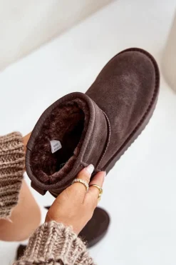 Boto Skórzane Zamszowe Śniegowce Na Platformie Za Kostkę Brązowe Rianaella Brązowy