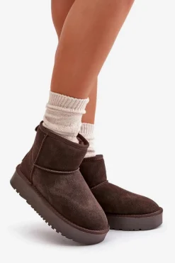 Boto Skórzane Zamszowe Śniegowce Na Platformie Za Kostkę Brązowe Rianaella Brązowy